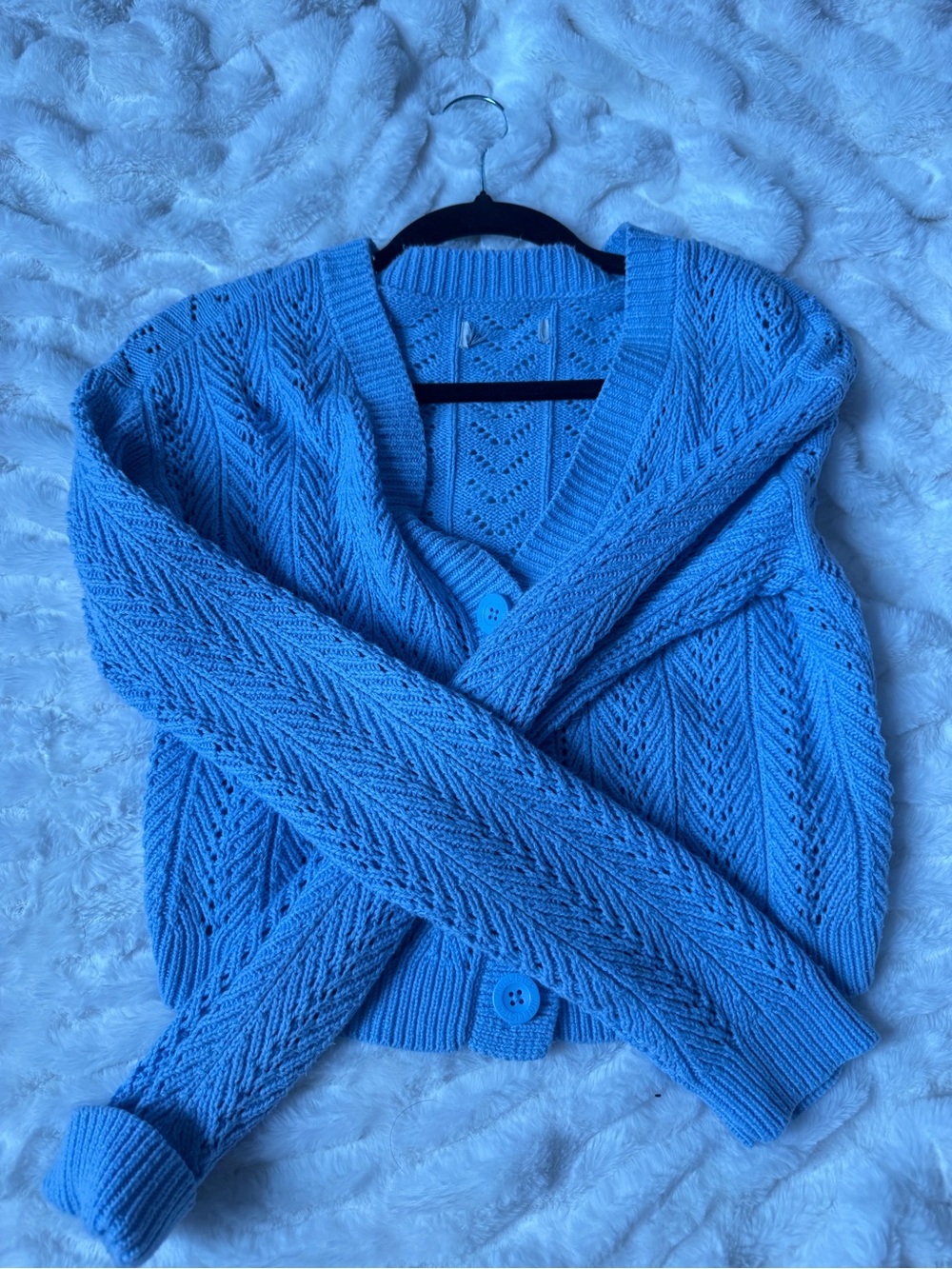 Light Blue Openwork Knit Button-Front Cardigan